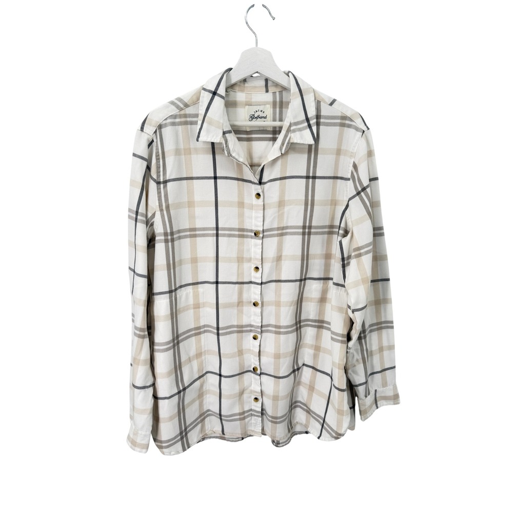 Jachs Girlfriend Button Down Women XL Cream Plaid Long Sleeve Rayon Blend Shirt